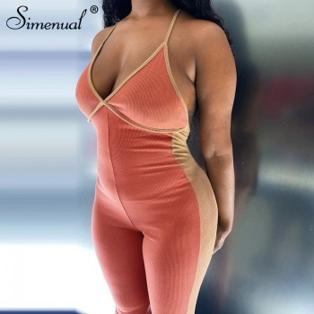 Simenual Ribbed Patchwork Casual Sporty Jumpsuits Women Sleeveless V Neck Backless Bodycon Knit Fashion Jumpsuit Active Wear Hot